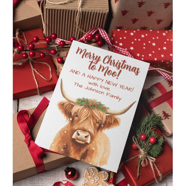 Höglandsminiatyrko Jul Firande Grönska Kort (Merry Christmas highland miniature cow greenery card)