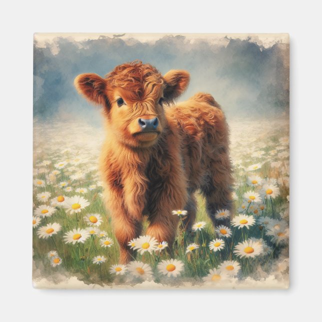 Höglandsteckskalv, Vintage, vattenfärgsmålning Magnet (Framsidan)