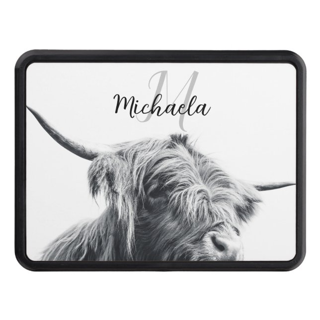 Höglandstko porträtt inledande monogram svart vitt dragkroksskydd (Framsidan)