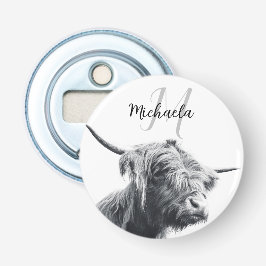 Höglandstko porträtt inledande monogram svart vitt flasköppnare