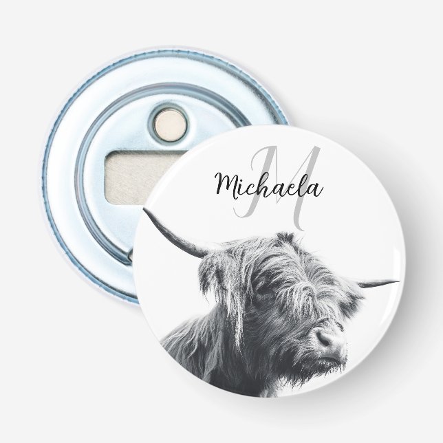 Höglandstko porträtt inledande monogram svart vitt flasköppnare (Framsidan)