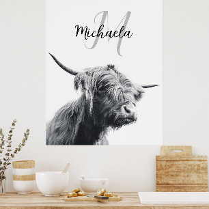 Höglandstko porträtt inledande monogram svart vitt poster