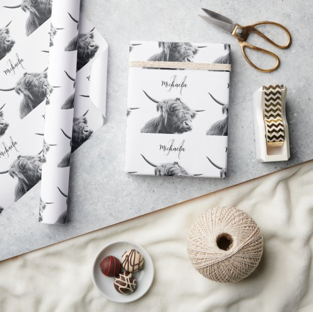 Höglandstko porträtt inledande monogram svart vitt presentpapper (Hantverk)