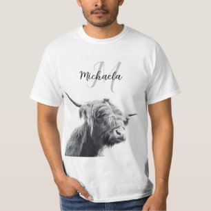 Höglandstko porträtt inledande monogram svart vitt t shirt