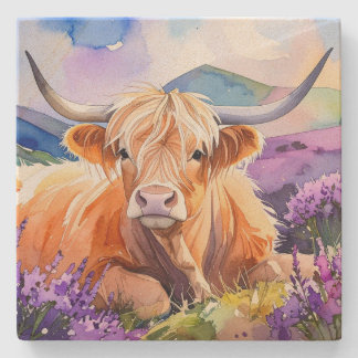 Högllandskö i Lila Heather Watercolor Stenunderlägg