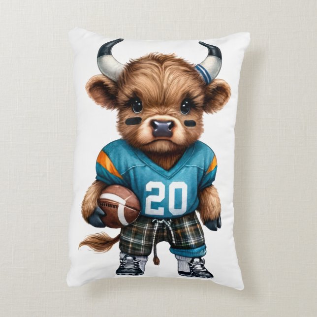 Högllandskon och fotboll prydnadskudde (Baksidan(Vertikal))