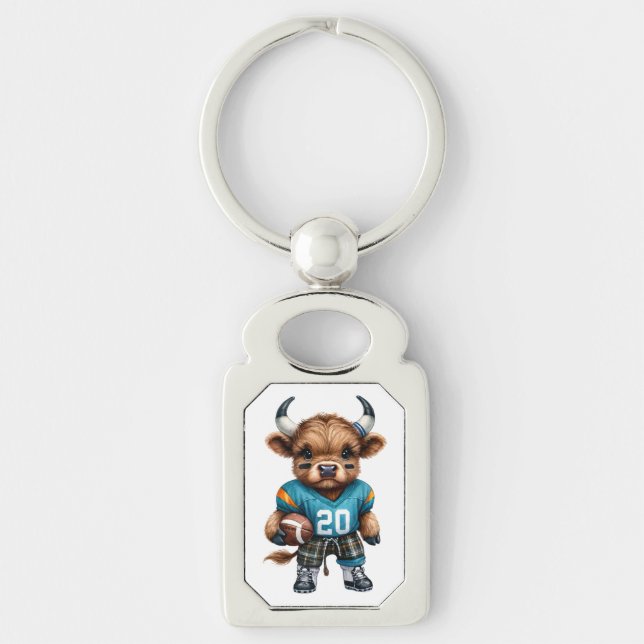 Högllandskon och fotboll rektangulärt silverfärgad nyckelring (Framsidan)