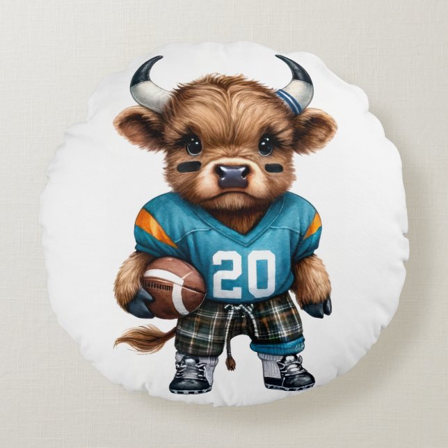 Högllandskon och fotboll rund kudde (Framsidan)