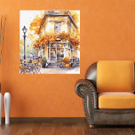 Högre hörnkafé för vattenfärg canvastryck<br><div class="desc">Wrapped canvas wall art med en vattenfärgad illustration av ett hörnkafé en höstdag med fallfoliage hängande från kaféet med omgivande träd och byggnad i varmt höst färger. Visas i en storlek anpassningsbar - 16, 56 x 17, 30 för illustrationsändamål. Ytterligare storlekar och stilar är tillgängliga, bilden kan behöva ändras för...</div>