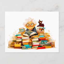 Högre kvinna som läser i bokar med munkavle utexam helg vykort