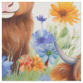Högre land Cow i Vild Flowers Tyg