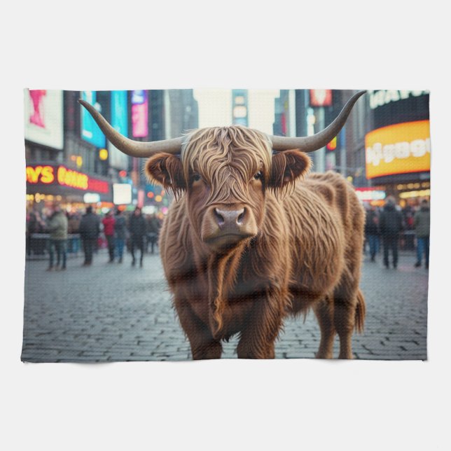 Högre land Cow på Times Square Kökshandduk (Horisontell)