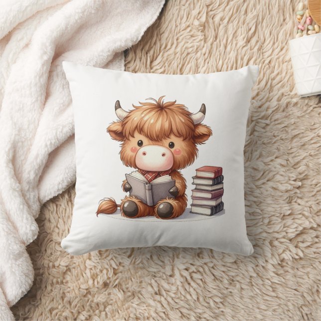 Högre land Cow Reading Bokar Kudde (Filt)