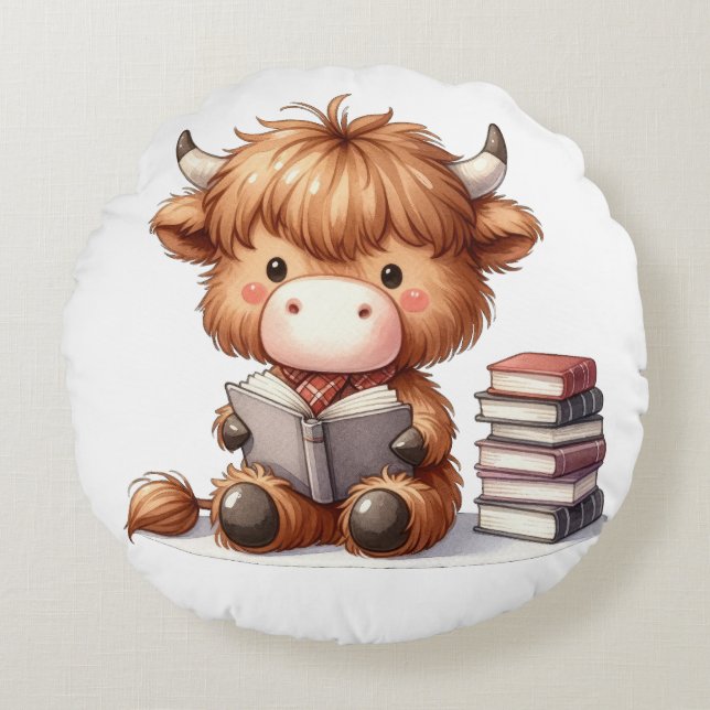 Högre land Cow Reading Bokar Rund Kudde (Framsidan)