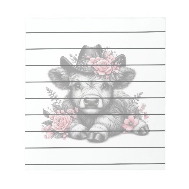 Högre land Kow i Hat med Blommigt Dekoration Anteckningsblock (Framsida)