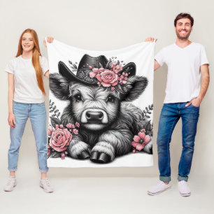 Högre land Kow i Hat med Blommigt Dekoration Fleecefilt