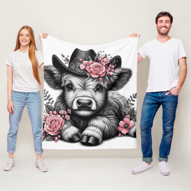 Högre land Kow i Hat med Blommigt Dekoration Fleecefilt (På plats)