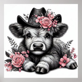Högre land Kow i Hat med Blommigt Dekoration Poste Poster