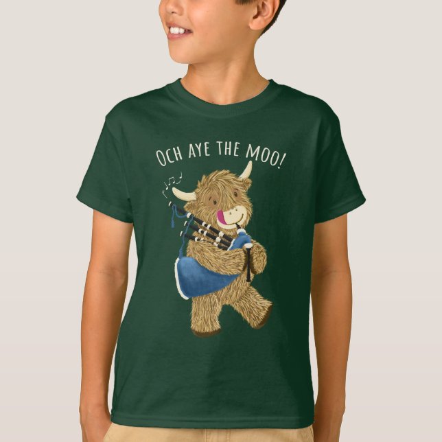 Högre land Kow och Bagpipes Says och Aye Moo! T Shirt (Framsida)