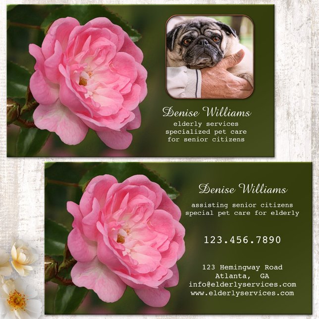 Högre medborgarservice och Djuromsorgt foto Visitkort (Business card featuring a fresh pink rose on green - geriatric care, care giver, home care)