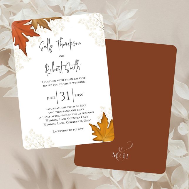 Högre vattenfärgsfärg för hösten Löv Personligt br Inbjudningar (Elegant fall wedding invitation with watercolor leaves. )