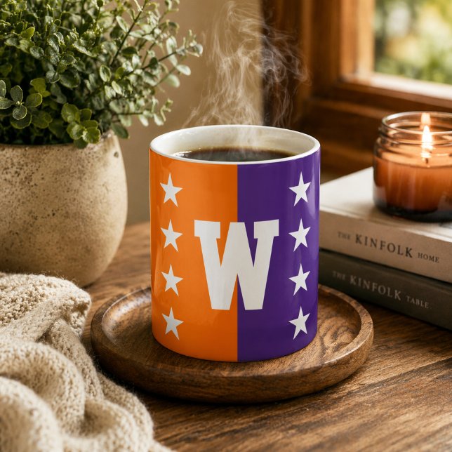 Högskolefärger Orange, Lila & Vit Monogram Kaffemugg (Skapare uppladdad)