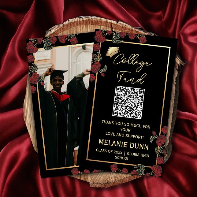 Högskoleflygkort för studenten visitkort (College fund graduation enclosure card @zazzlemade #qrcodegraduationcard #redfloral #red andgold )
