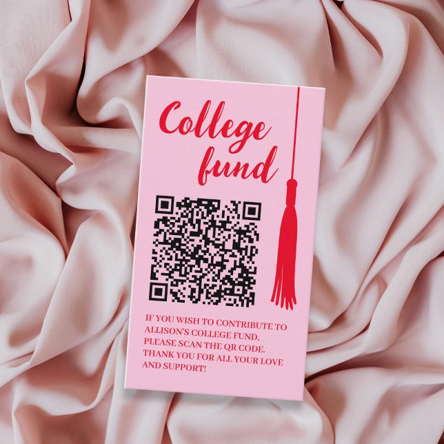 Högskolefond Rosa & Röd Tofs QR-kod Examen Tilläggskort (College Fund Pink & Red Tassel Qr Code Graduation Enclosure Card)