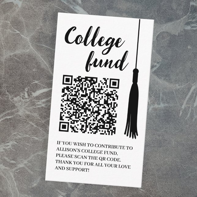 Högskolefond Svart Vit Tofs QR-kod Examen Tilläggskort (College Fund Black White Tassel Qr Code Graduation Enclosure Card)