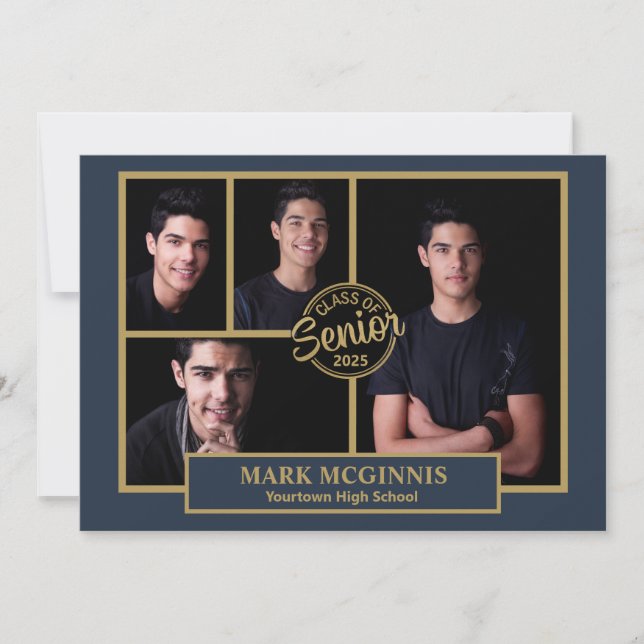 Högskoleklass 2024 Studenten i Guld, marinblått Inbjudningar (Framsida)