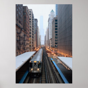 Högstämd stång i i stadens centrum Chicago över Poster