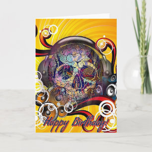 Högt födelsedagkort: Calavera skalle med hörlurar Kort