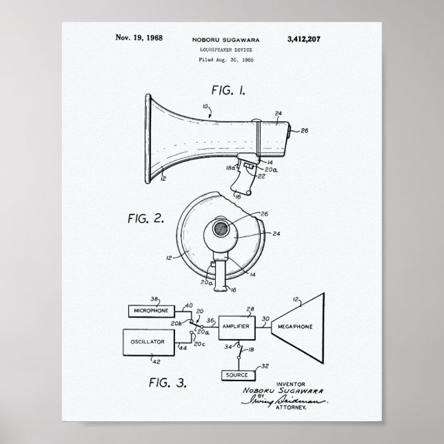 Högtalare 1968 Patent Art White Papper Poster (Framsidan)