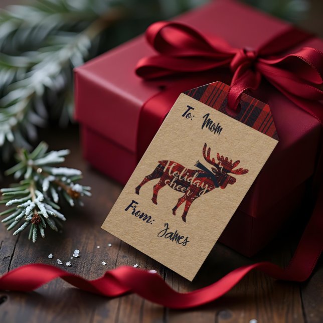 Högtid Glädje | Röd buffalo Play Moose-jul Presentetikett (Holiday Cheer | Red Buffalo Plaid Moose Christmas Gift Tags)