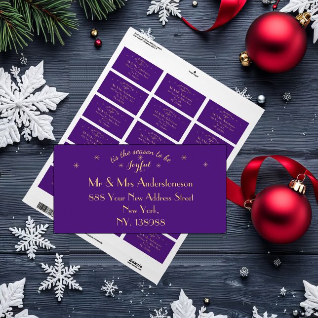 Högtider "det är dags att vara glad" adress adressetikett (Joyful Purple & Gold 'tis the season' mailing labels. Perfect for gift tagging, mailing and labeling)