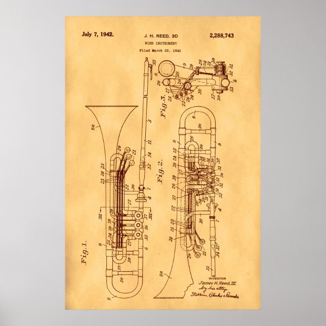 Högupplöst trombon Patent konst Vintage papper Poster (Framsidan)