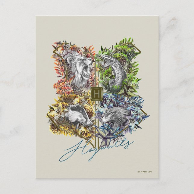 HOGWARTS™ Badge Blommigt Graphic Vykort (Framsida)