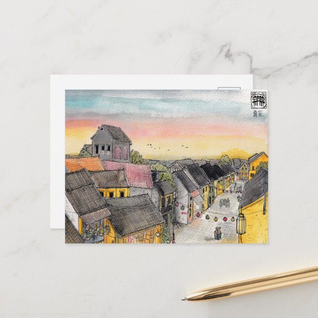 Hoi en Cityscape-vy från tak vid solnedgång Vykort (Fram/Back In Situ)