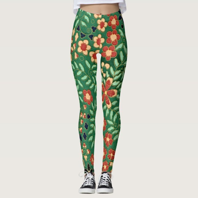 Höj dina vibes med Grönt japansk Blommigt Leggings (Framsida)