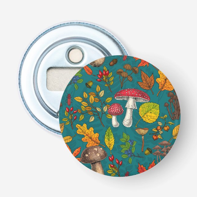 Höjd, löv, nöt och bär på blått flasköppnare (Framsidan)