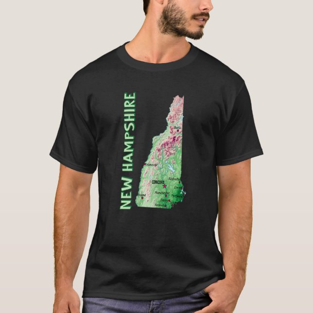 Höjning Karta i New Hampshire State Major Cities T Shirt (Framsida)