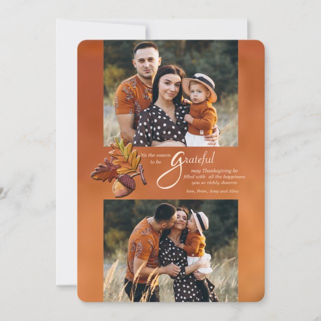 Höjningskort för 2-foto-Thanksgiving med gyllene f Julkort (Framsida)
