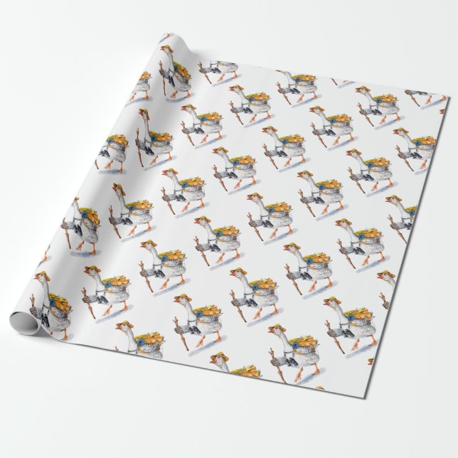 Hök gås med ryggsäck och binokulär presentpapper (Utrullad)