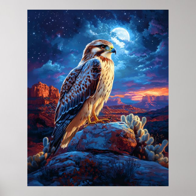 Hök i öknen under fullmåne poster (Framsidan)
