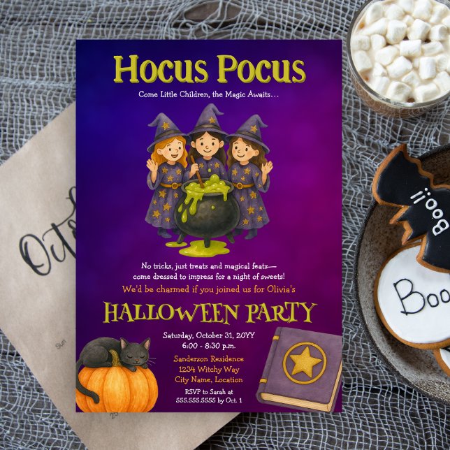 Hokus Pokus Kids Halloweenfest Inbjudningar (Fun witches Halloween costume party invitation for kids)