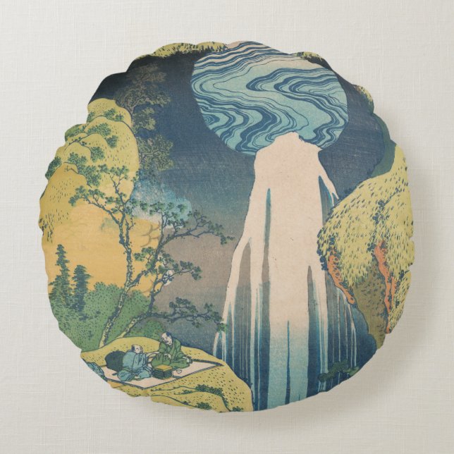 Hokusai Amida Falls Japan Waterfall Rund Kudde (Framsidan)
