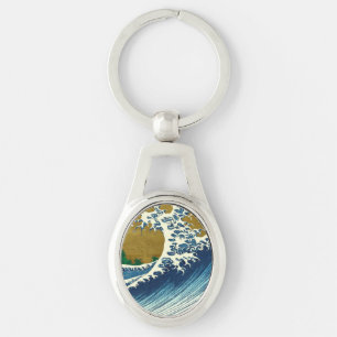 Hokusai Big Wave Japan Art Ovalt Silverfärgad Nyckelring