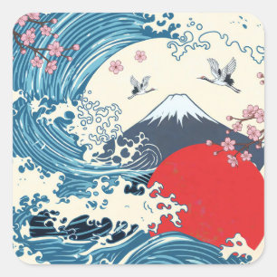 Hokusai Big Wave Retro Japansk Konst Fyrkantigt Klistermärke