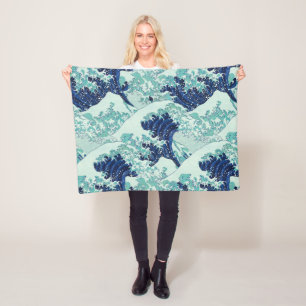 Hokusai Blue Vågar Mönster Fleecefilt