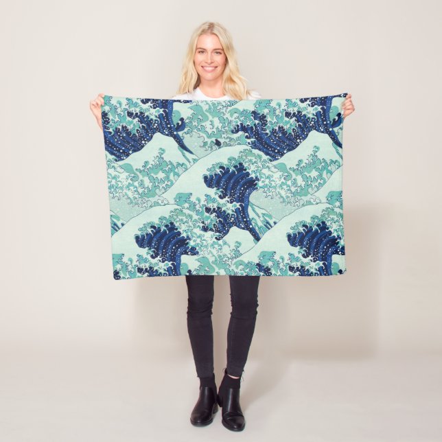 Hokusai Blue Vågar Mönster Fleecefilt (På plats)